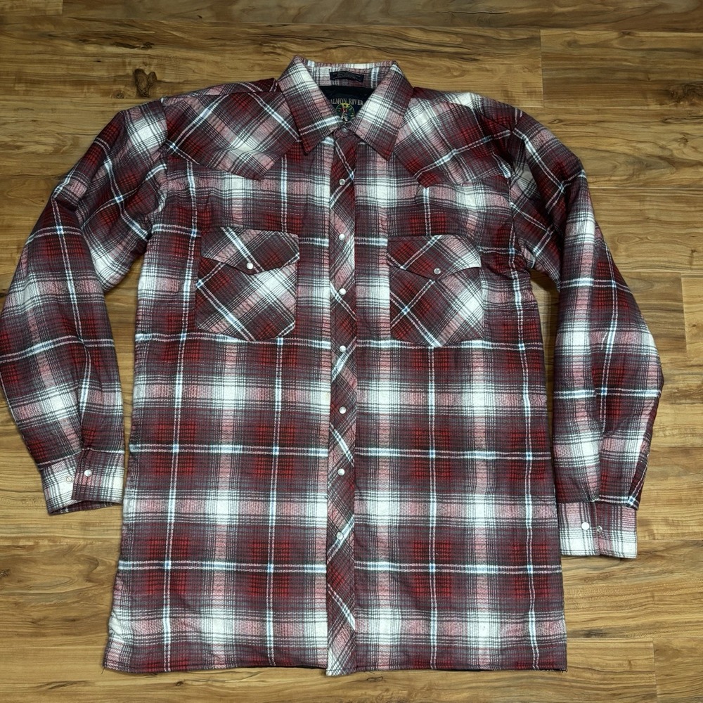Rare Vintage SALMON‎ RIVER Traders Pearl Snap Quilt Lined Flannel Jacket 90s LT
